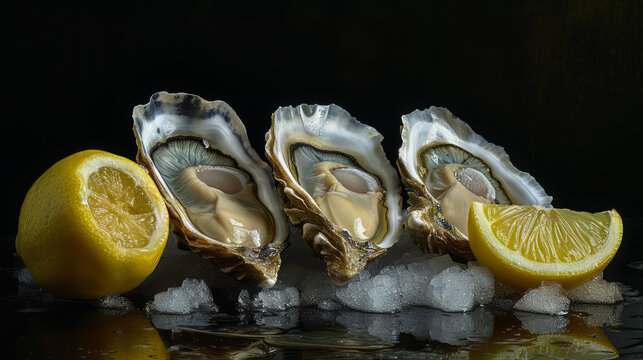 Fresh oysters with lemon and ice, gracefully arranged,