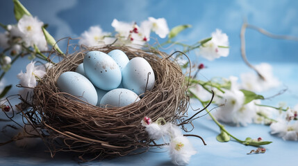 Easter eggs in a bird's nest and flowering branches on a blue background.