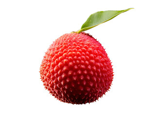 a red fruit with a green leaf