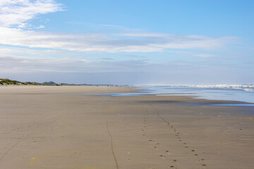 Landscape view of wide and long beach, White sand under blue sky and white puffy could, The Dutch Wadden Sea island Terschelling, A municipality and an island in the northern, Friesland, Netherlands.
