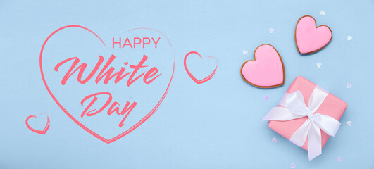 Banner for White Day with gift and heart-shaped cookies