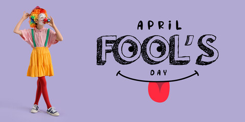 Funny little girl in clown disguise on lilac background. Banner for April Fools' Day