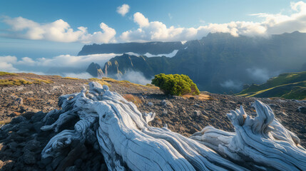 Mountain trek to Pico Ruivo, Madeira, white dry trunks lying on foreground