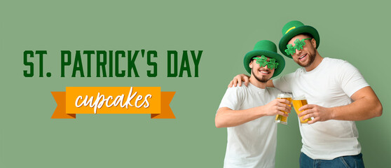 Festive banner for Happy St. Patrick's Day with young men holding glasses of ale