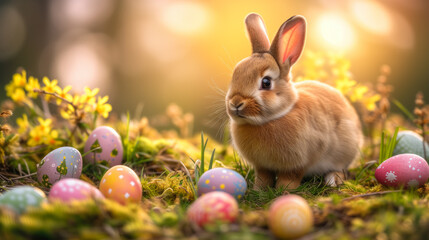 Fototapeta na wymiar A bunny surrounded by colourful Easter eggs, set in a serene spring environment with soft, glowing sunlight. Ai generative