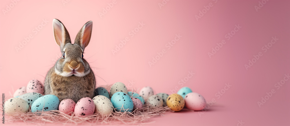 Wall mural a bunny surrounded by colourful eggs against a pink background, with space for text. ai generative