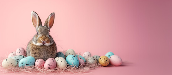 Fototapeta na wymiar A bunny surrounded by colourful eggs against a pink background, with space for text. Ai generative