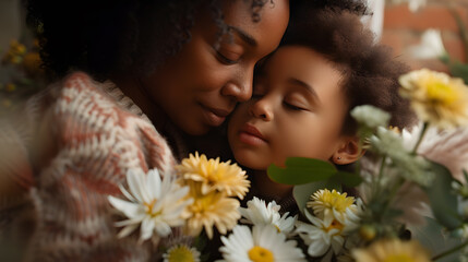 A high-resolution photo of a mother and child embracing, with a bouquet of flowers in the foreground.