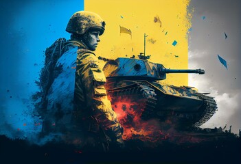 Guerre en Ukraine, soldat et char tank. Illustration abstraite jaune et bleu drapeau Ukrainien. Guerre Ukraine / Russie. Generative AI