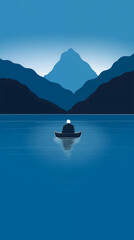 Lone person in a boat floats on calm waters against a backdrop of layered mountains under a deep blue sky