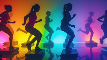 Dynamic Fitness Class with Women Exercising in Vibrant Lights,intense moment of a step aerobics competition - obrazy, fototapety, plakaty