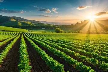 a field of crops with the sun shining through - obrazy, fototapety, plakaty
