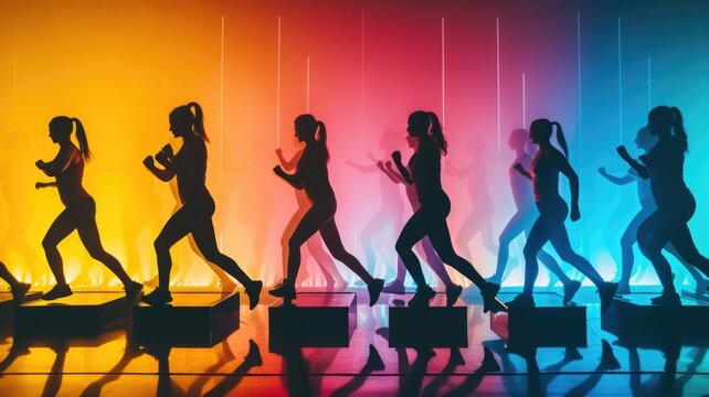 Dynamic Fitness Class with Women Exercising in Vibrant Lights,intense moment of a step aerobics competition