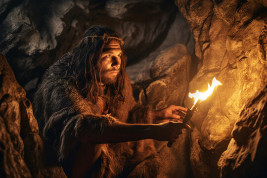 Caveman Exploring Cave, Holding Torch with Fire, Searching Safe Place