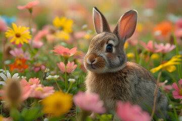 Fototapeta na wymiar Rabbit in the meadow with spring flowers. Spring background.Sunlit Bunny Amidst Blooming Flowers