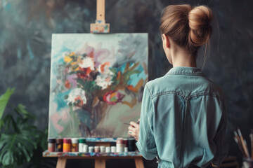 Painter adding color to a canvas, young woman with her back to a painting with creative brushstrokes