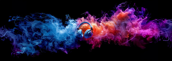 Multicolored paint-splatter headphones dynamic music blaster on colored background