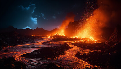 Burning mountain peak ignites nature beauty in fiery dusk generated by AI