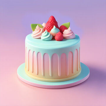 Cute 3D birthday cake icon in a cartoon clay style and soft pastel colors