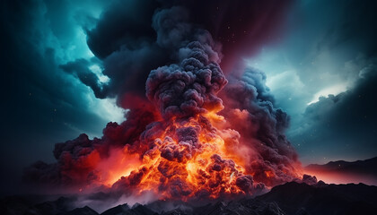 Burning sky, smoke, fire, destruction nature inferno glows generated by AI