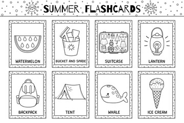Summer flashcards black and white collection for kids. Flash cards set with cute characters for coloring in outline. Learning to read activity for children. Vector illustration