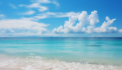 Fototapeta premium Idyllic turquoise waters edge reflects bright Caribbean sunset beauty generated by AI