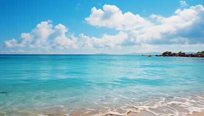 Tropical paradise turquoise water, sandy beach, clear sky, tranquil generated by AI