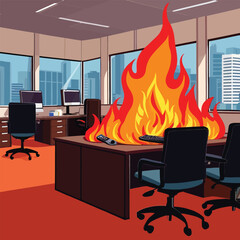 Interior of a business office room on fire, vector clipart illustration