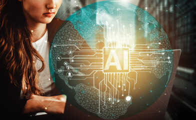 AI Learning and Artificial Intelligence Concept - Icon Graphic Interface showing computer, machine...
