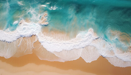 Blue wave splashing on sandy coastline, a beautiful summer landscape generated by AI