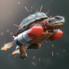 Obraz premium 3D render a distinctive vision of a turtle transforming into a rocket in mid air