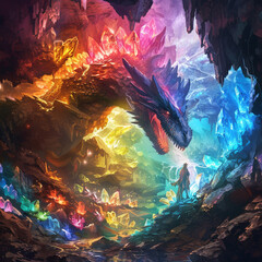 A dragon hoarding a mountain of multi colored magical ores in a fantasy cave