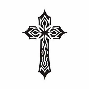 Christian Cross Tribal Vector Monochrome Silhouette Illustration Isolated on White Background - Tattoo - Clipart - Logo - Graphic Design Element


