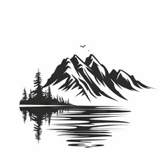 Mountain Lake Tribal Vector Monochrome Silhouette Illustration Isolated on White Background - Tattoo - Clipart - Logo - Graphic Design Element

