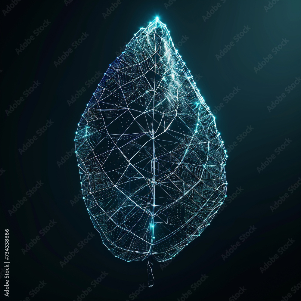 Poster futuristic 3d render of a leaf created from geometric wireframes glowing against a dark backdrop
