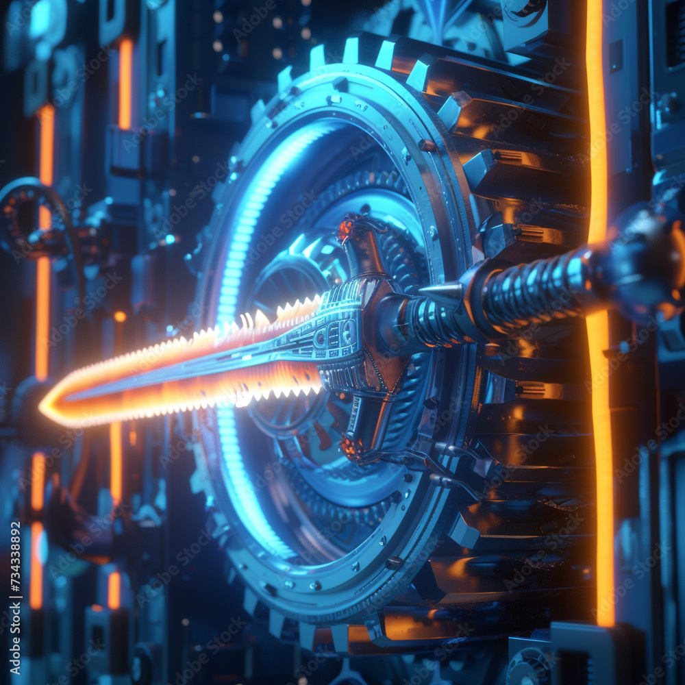 Poster unique 3d illustration of a cutting edge turbine engine built around a mysterious glowing sword in a