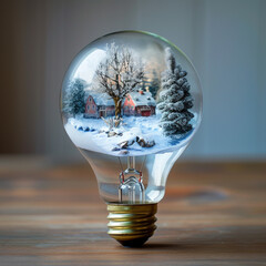 Produce an imaginative illustration of winter scenes frozen within a light bulb