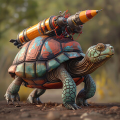 Show a vibrant 3D illustration of a turtle with rocket boosters strapped to its shell
