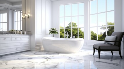 Elegant bath in minimalist bathroom with white marble floor, panoramic windows, quiet  luxury concept, banner - obrazy, fototapety, plakaty