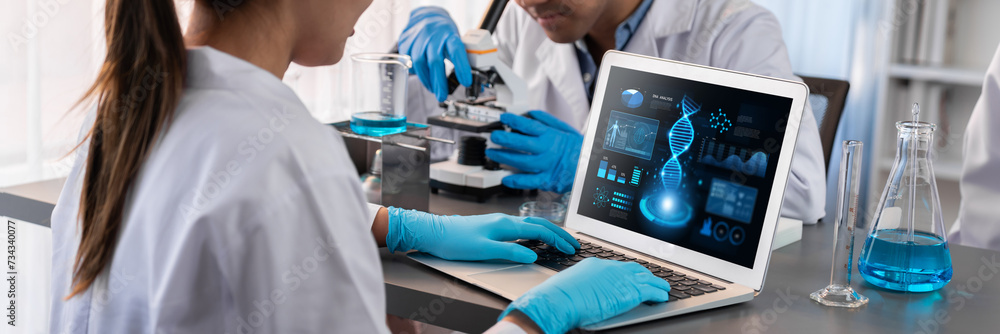 Poster dedicated scientist group working on advance biotechnology computer software to study or analyze dna