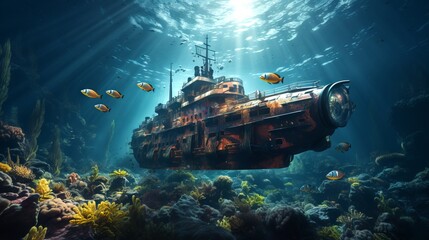 Vintage submarine amidst an underwater coral landscape. Concept of underwater exploration, marine vehicle, ocean adventure, digital artwork.