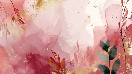 Elegant floral artwork with gold splatter on pink background. Abstract watercolor backdrop. Copy space. Concept of botanical art, elegant wallpaper, minimalist design. - obrazy, fototapety, plakaty
