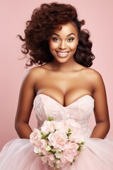 Beautiful plus-sized African American bride in a white wedding dress in pink background. Concept of bridal joy, natural beauty, grace, femininity, and elegant simplicity.