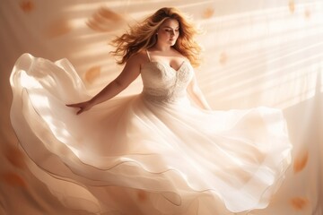 Elegant plus-sized young bride in a sumptuous white wedding gown. Gold background. Concept of bridal elegance, luxury attire, designer fashion, and vibrant celebrations. Copy space
