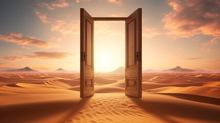 Open doorway leading to a desert sunset. Concept of freedom, travel, adventure, discovery, opportunity, new beginnings, the unknown, mystery, and exploration.