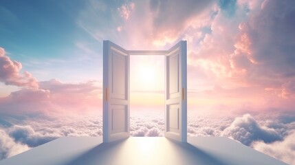 Open doorway leading to surreal sky. Concept of heaven, hope, dreams, positivity, new horizons, freedom, the unknown, mystery, wonder, and limitless possibilities.