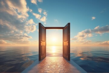Open door leading out to a serene ocean sunset. Concept of calmness, dreams, relaxation, freedom, adventure, journey, new beginnings, the unknown, mystery, exploration, and limitless possibilities.