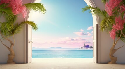 Open doors leading to a tropical beach paradise. Concept of escape, vacation, peaceful retreats, heavenly shorelines, calmness, relaxation, freedom, adventure, and limitless possibilities.