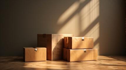 several boxes stacked on a table - obrazy, fototapety, plakaty