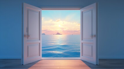 Open door to serene ocean. Concept of calmness, dreams, relaxation, freedom, adventure, journey, new beginnings, the unknown, mystery, exploration, and limitless possibilities.